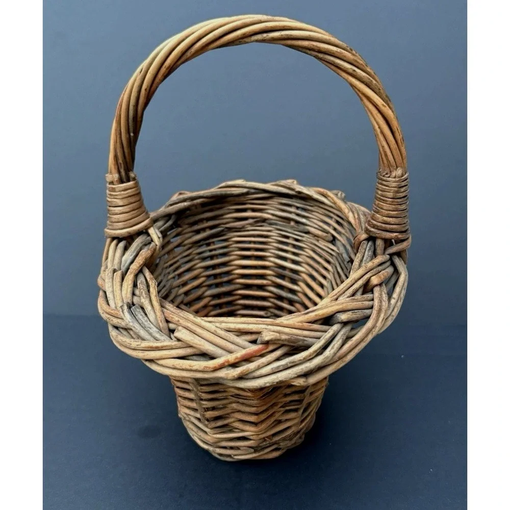 Vintage miniature child's gathering woven wicker willow basket flare rim EVC